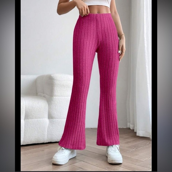 Ribbed Super Flare Bell Bottom Pants Barbie Pink stretch 70s Retro Boho 90s Y2K - Picture 3 of 5